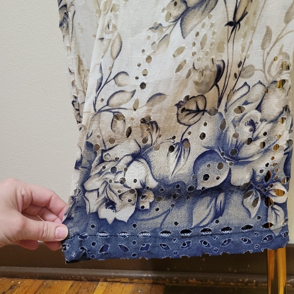 She Fly | Cream Sheer Blue Floral Flare Pants - Picture 3 of 9